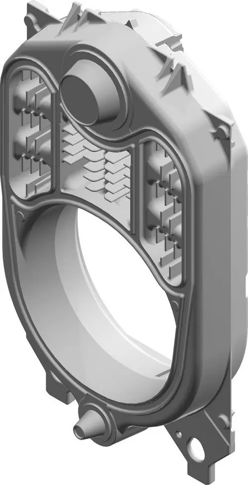 Detaillierte CAD-Darstellung eines Produkts von Bosch mit komplexem Innenleben, geeignet für technologische Anwendungen. Das Design umfasst mehrere Anschlüsse und Strukturen.